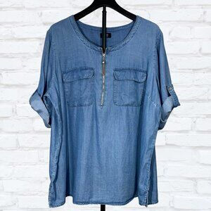 Jones NY 100% Tencel Chambray Pullover Half Zip Roll Tab Sleeves